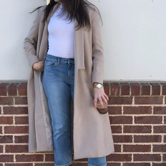 Boohoo Beige Long Open Front Duster Coat Size Small - Picture 7 of 9